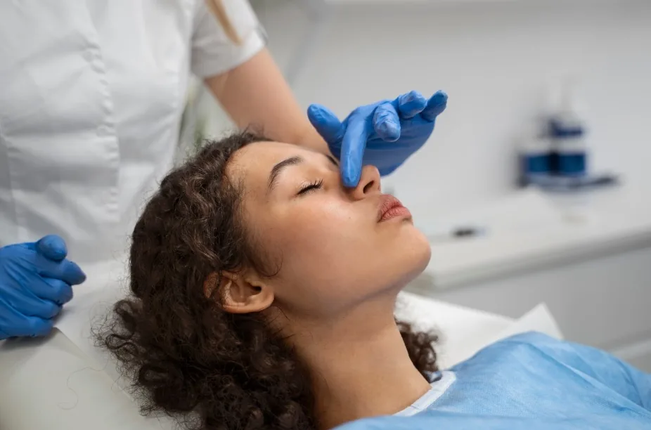 Patient receiving gentle nasal care during non-surgical nose enhancement aftercare in Dubai
