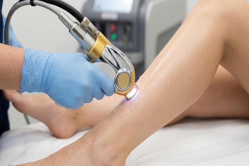 Alexandrite laser hair removal treatment on a woman's leg